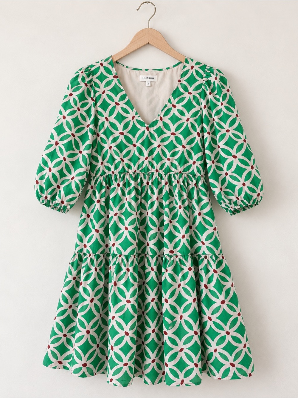 Hudson North 100% Cotton Green Tiered Puff Sleeve Midi Dress